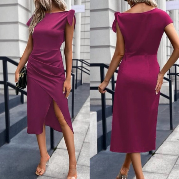 Luxe asymmetrical hem tulip sleeve satin midi dress red violet - Picture 2 of 4